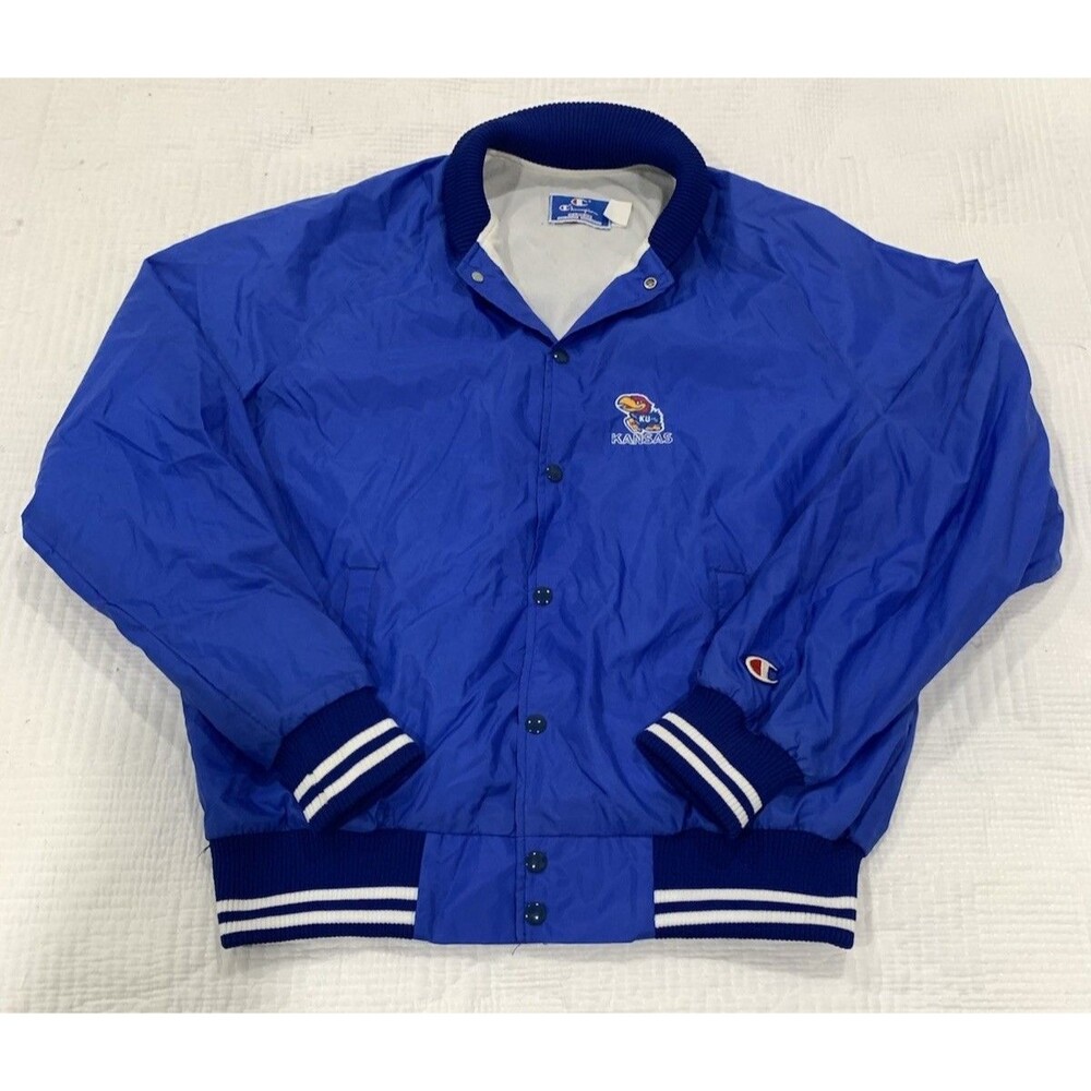 VTG Champion USA Kansas Jayhawks Satin Bomber Jacket SnapFront Blue Mens XL NCAA